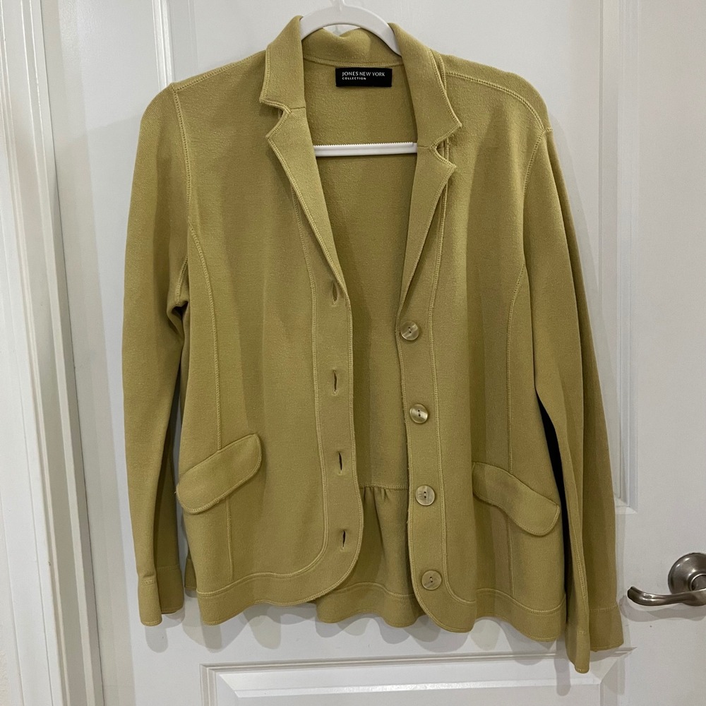 Jones New York Collection Knit Blazer Chartreuse Mustard Yellow Button Front